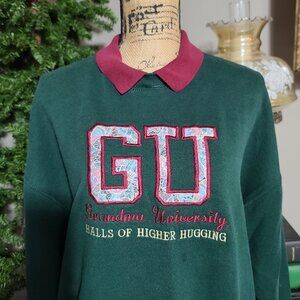 Vintage Women's XL Green Collared GRANDMA UNIVERSITY Floral Patchwork Sweatshirt